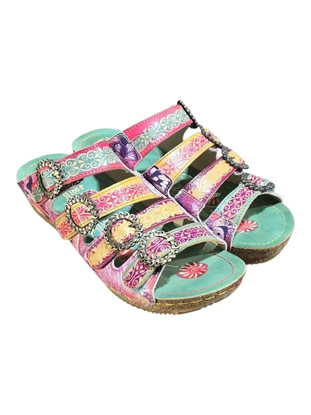 L'Artiste by Spring Step Blessing Floral Butterfly Embossed Leather Wedge Slides